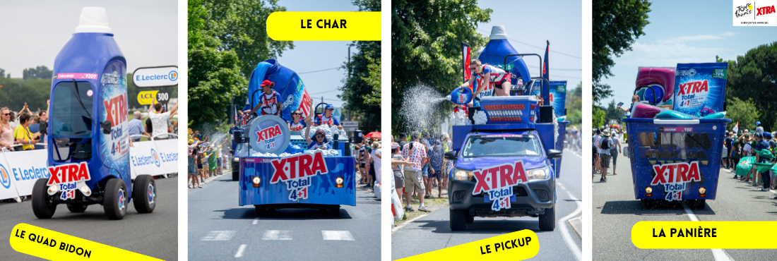 Differentes types de caravanes publicitaires de la marque X tra pour le tour de france
